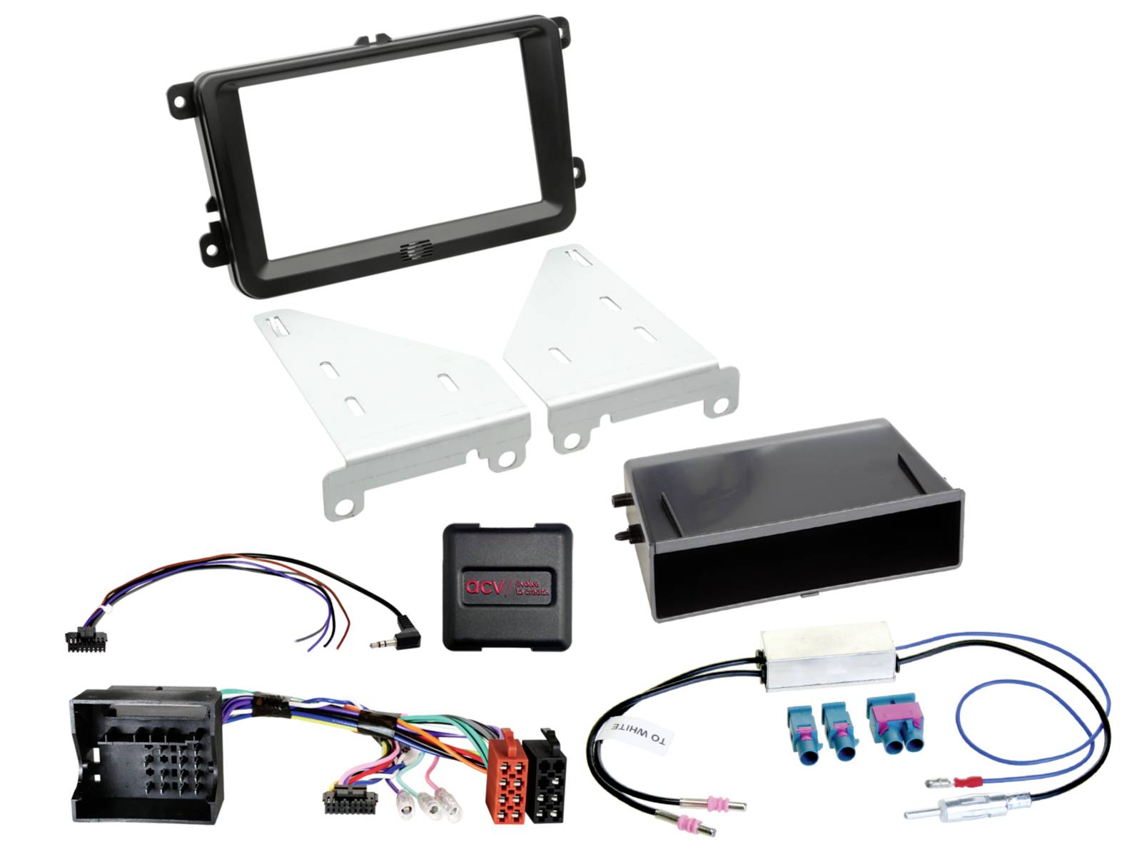 Car stereo installation kit with black dash bezel, mounting brackets, wiring harnesses, adapter module, and fuse taps for vehicle audio installation