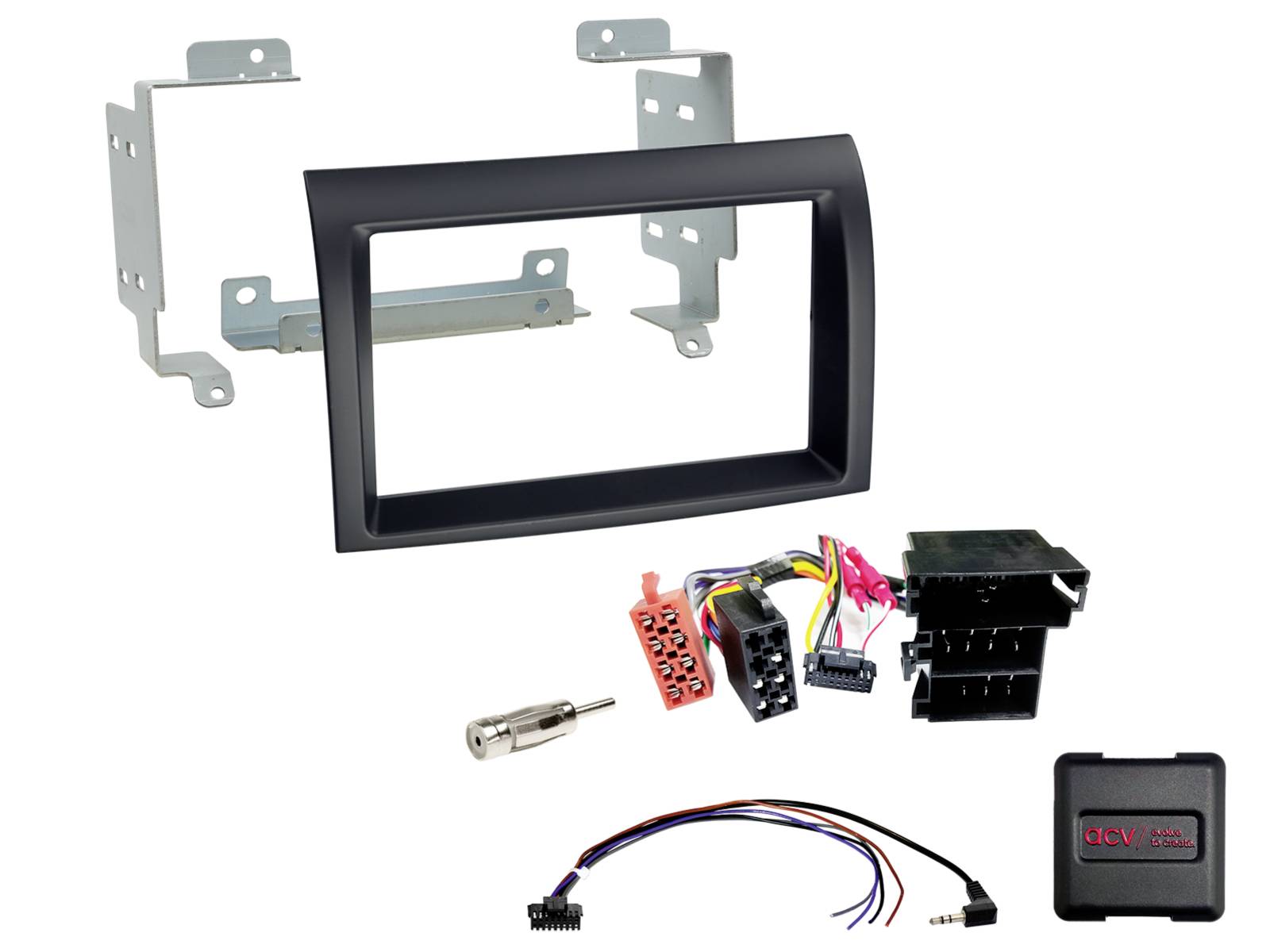 Car stereo installation kit with black dash kit, metal mounting brackets, wiring harnesses, antenna adapter, and control module on a white background.