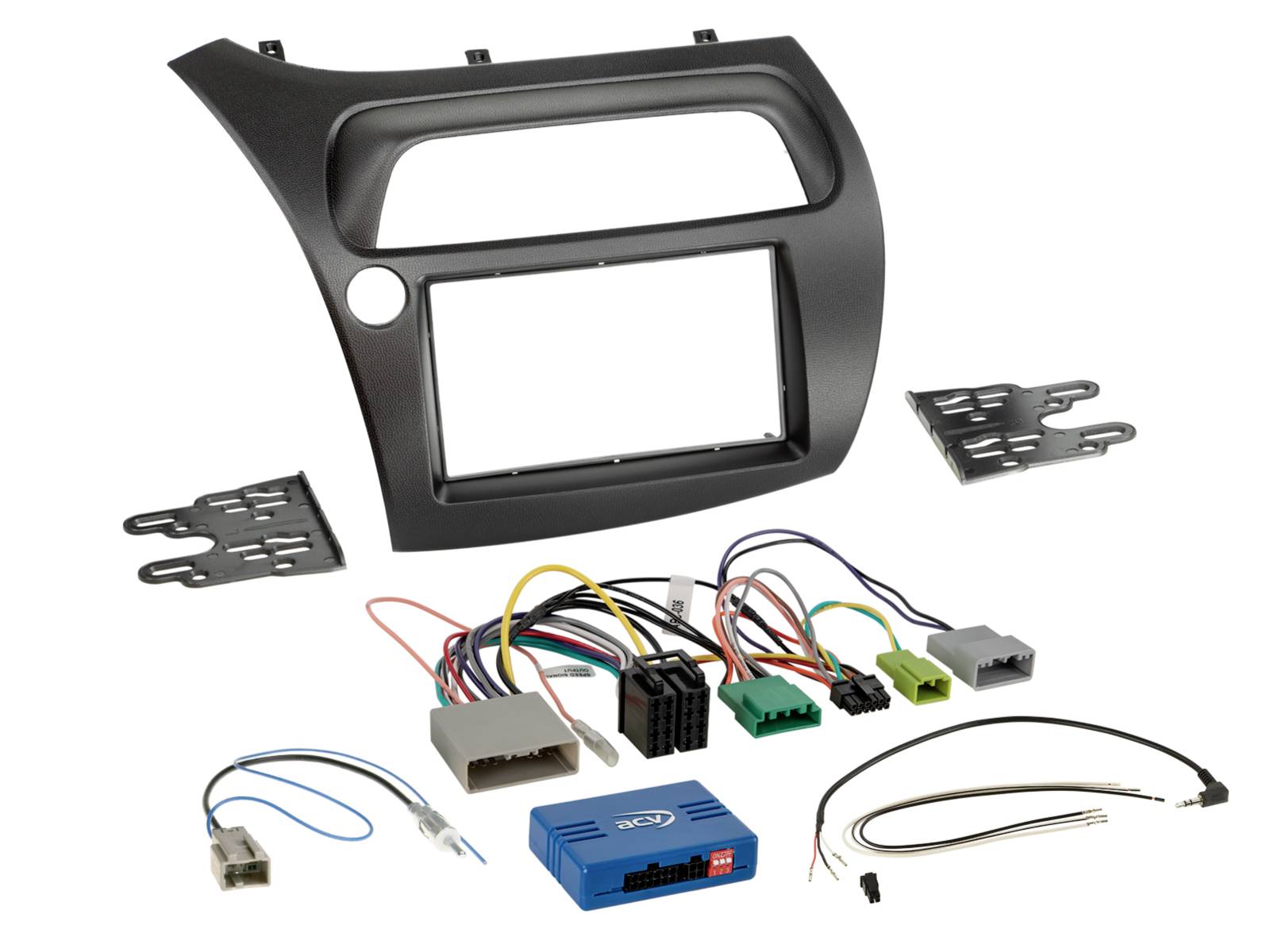 Car dashboard stereo installation kit with black trim panel, mounting brackets, wiring harnesses, adapters, and antenna cable on a white background.