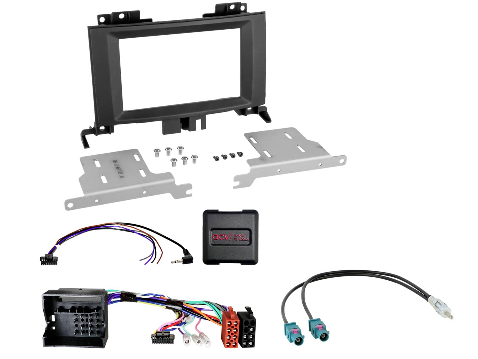 Car stereo installation kit with dash mount frame, metal brackets, screws, wiring harnesses, adapter cables, and a small 'PAC' module.