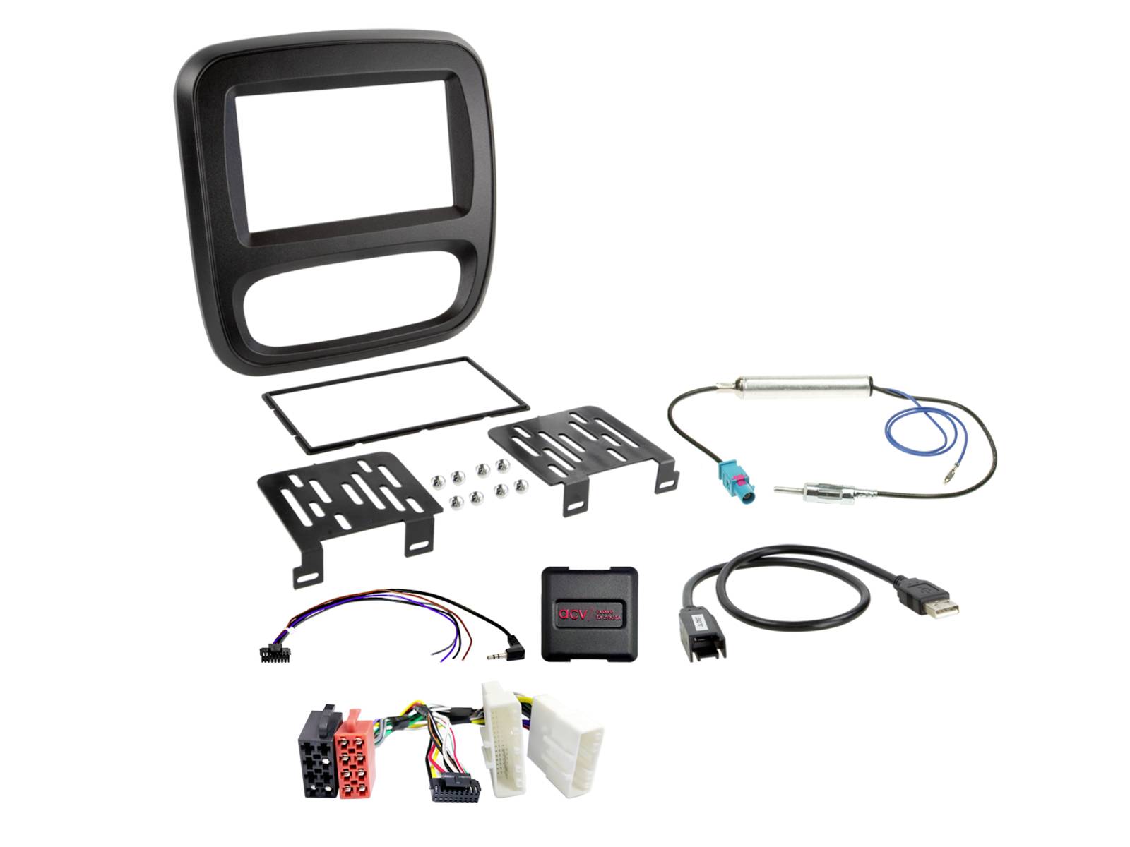 Kit d'installation d'autoradio avec panneau de garniture de tableau de bord, supports de montage, faisceaux de câbles et câbles USB/adaptateurs disposés sur un fond blanc.