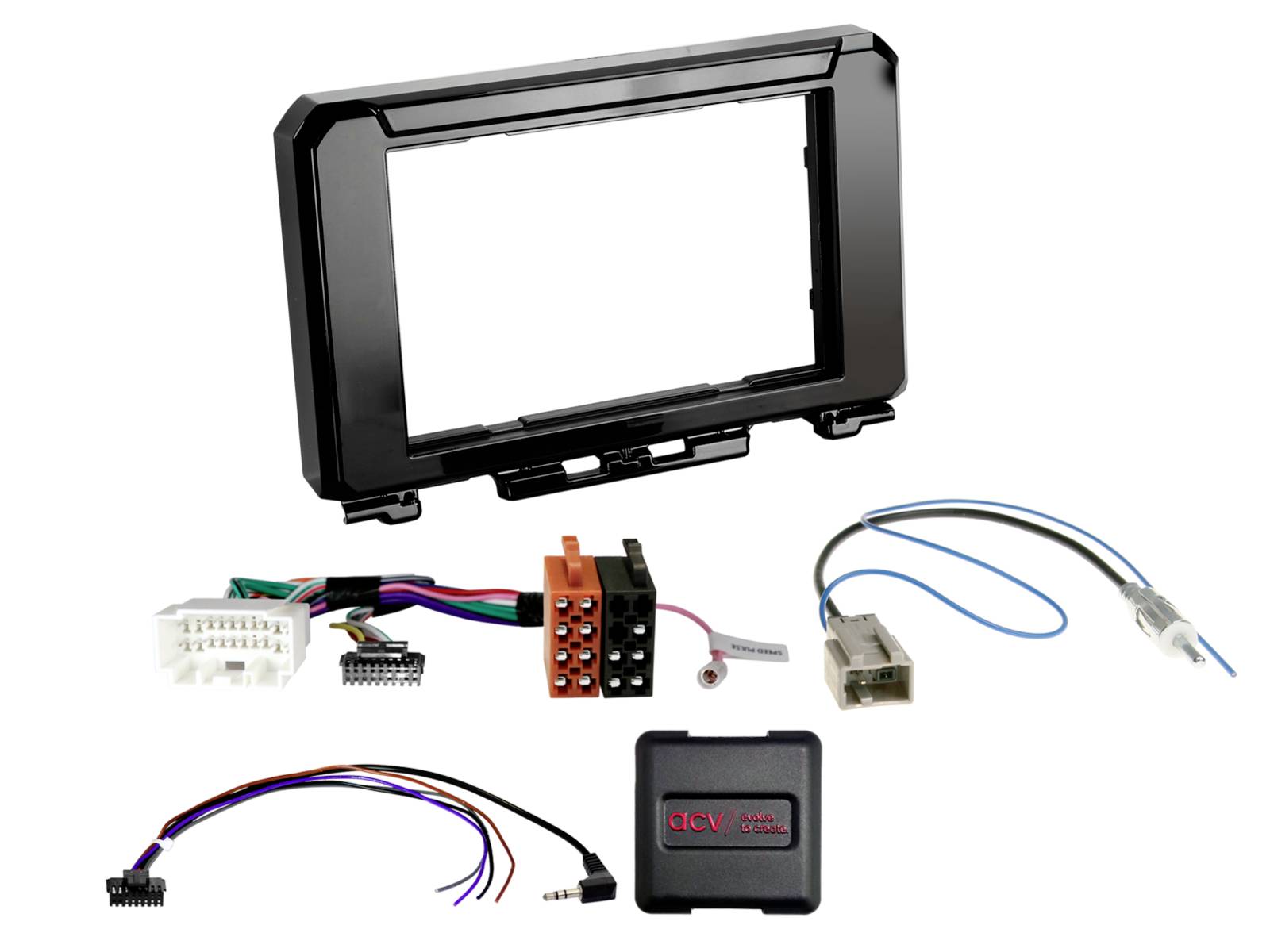 Car stereo installation kit with black dash trim frame, wiring harnesses, antenna adapter, and control module on a white background.