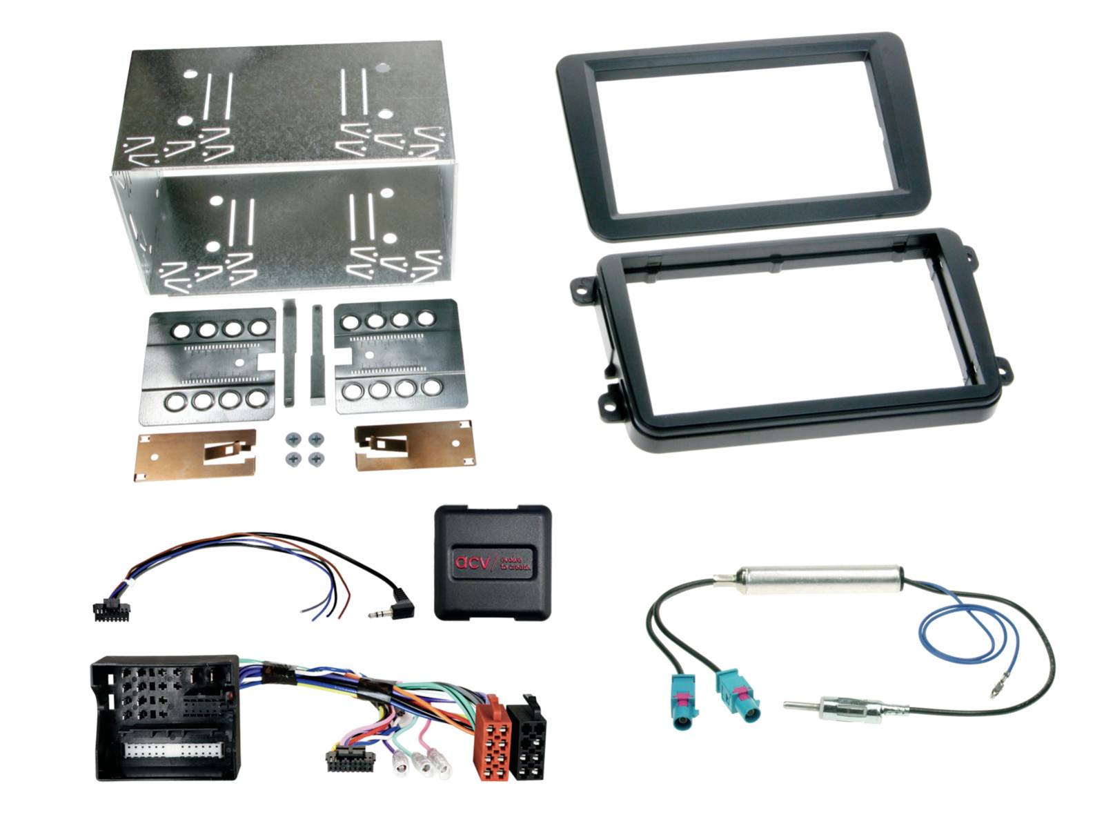 Kit d'installation d'autoradio avec supports de tableau de bord en métal, tour de finition noire, faisceaux de câblage et adaptateur d'antenne avec connecteurs.