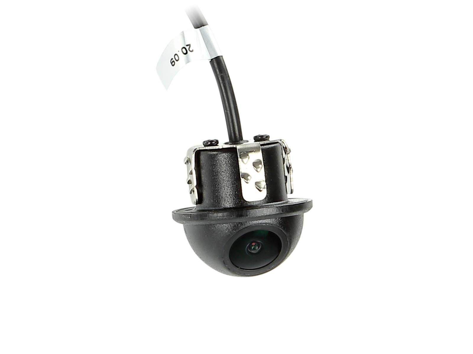 Compact black dome security camera with attached cable, shown on a white background.