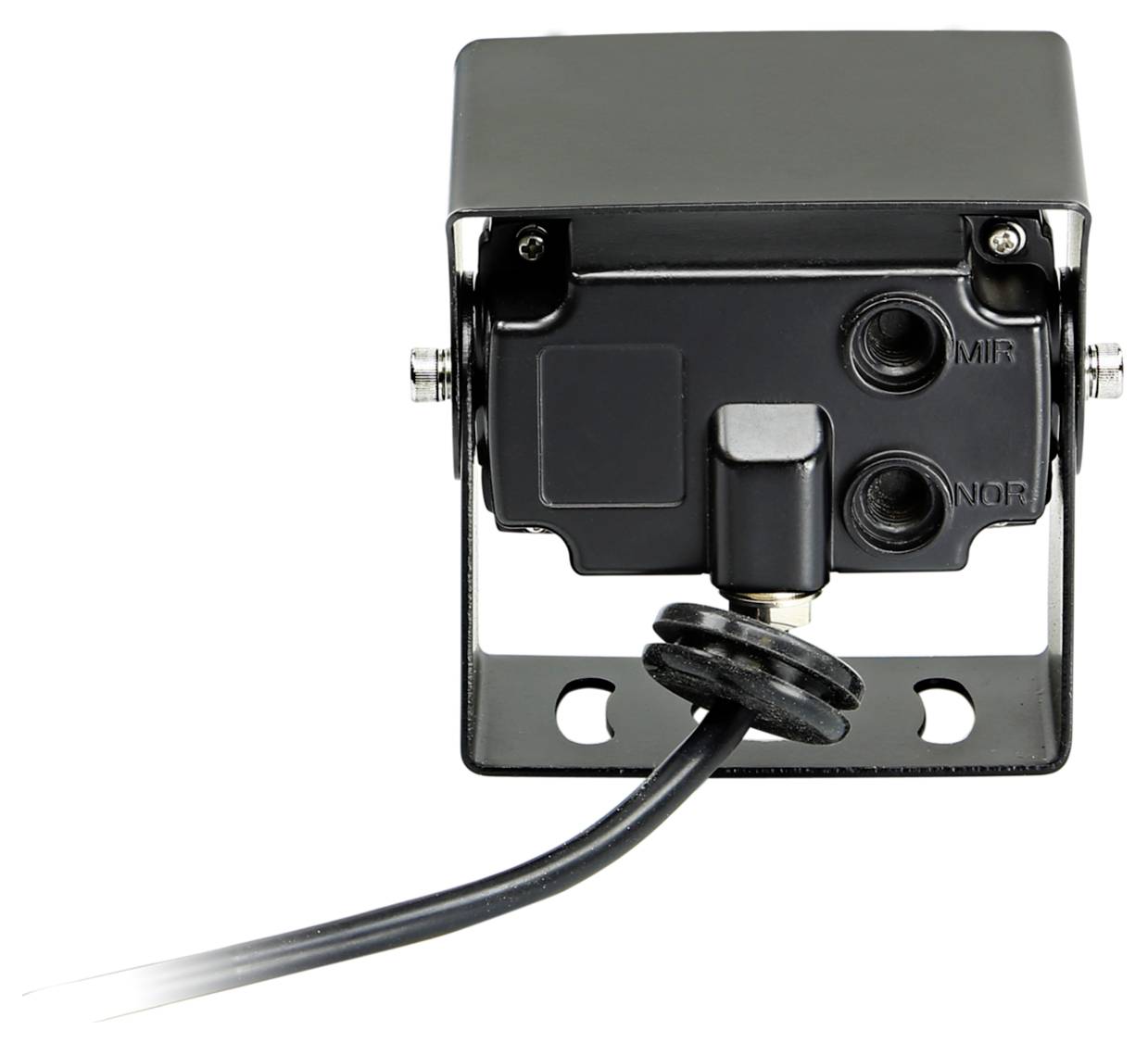Close-up of a black electrical device or sensor mounted on a bracket, with a cable attached and two circular ports labeled 'MIR' and 'NOR'.