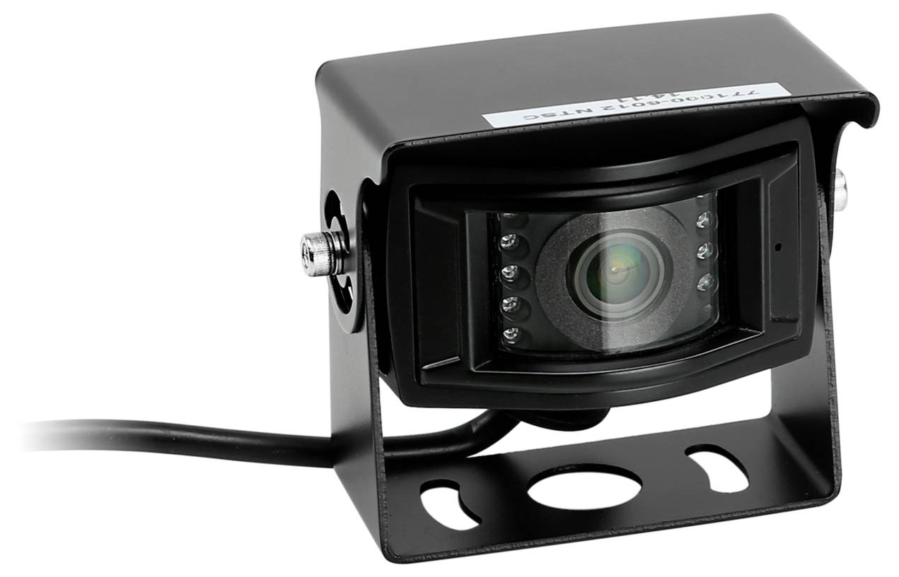 Black wired security camera in a metal bracket housing, shown on a white background.
