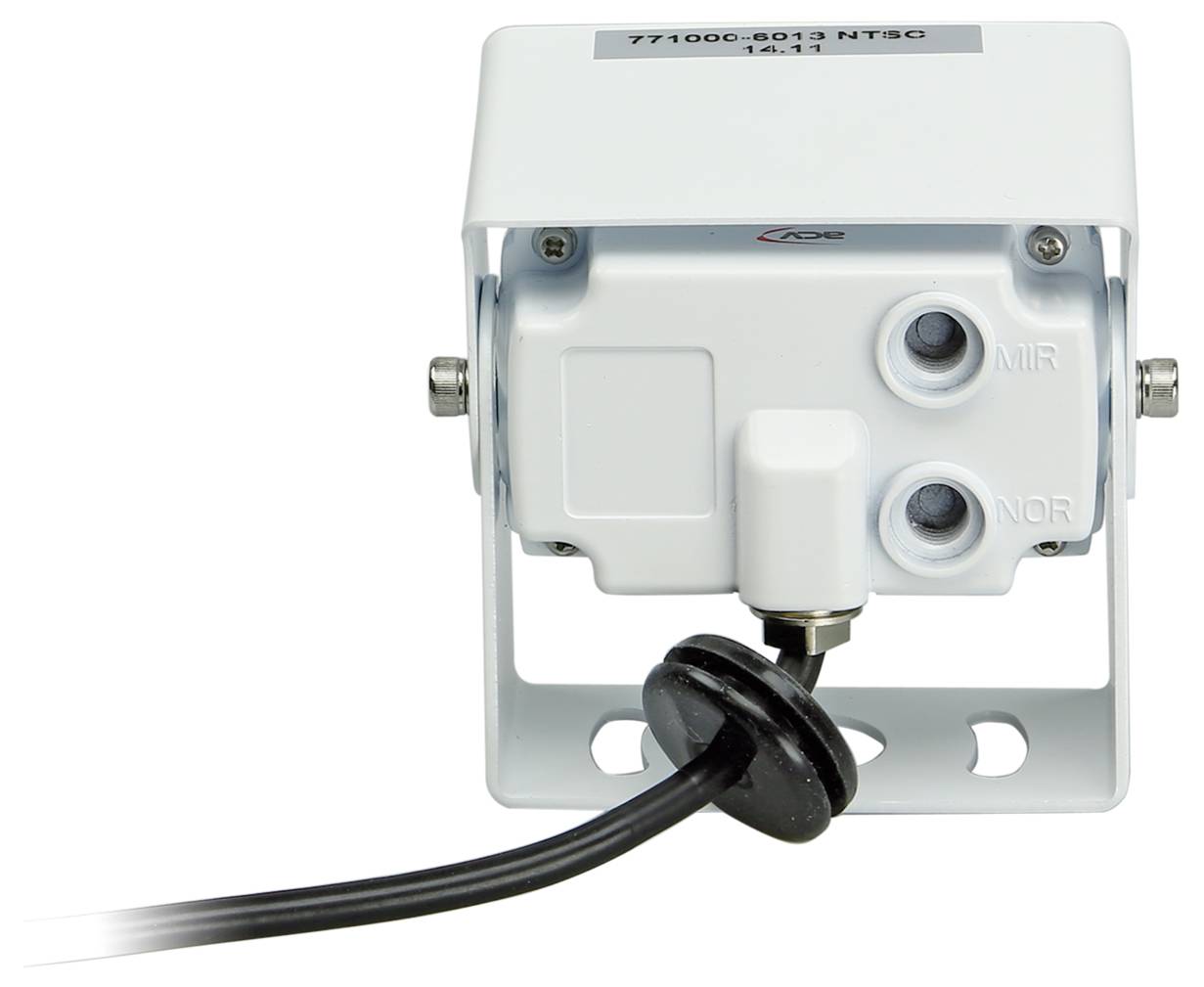 Close-up of a white industrial control sensor or switch box with two labeled ports, 'MIR' and 'NOR', and a black cable attached.