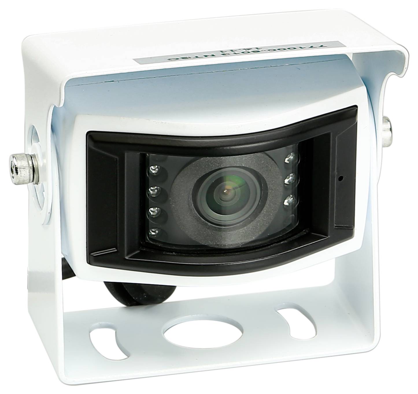 Caméra de surveillance blanche montée sur un support métallique, objectif orienté vers l'avant visible.