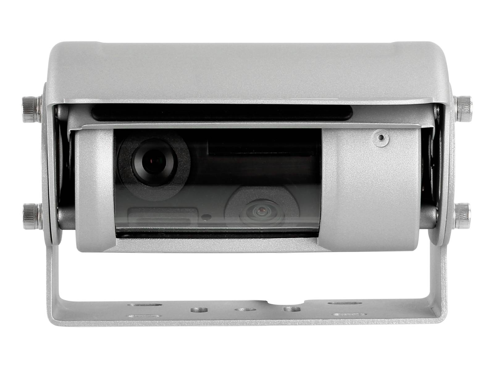 Silver security camera mounted in a metal bracket, front view with protective housing and visible lens.
