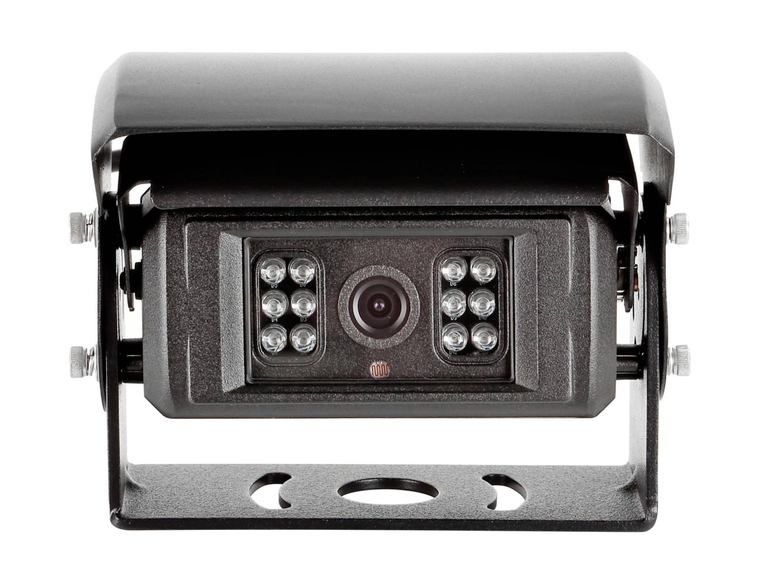 Front view of a black security camera with two LED arrays flanking the lens, mounted in a protective outdoor housing.