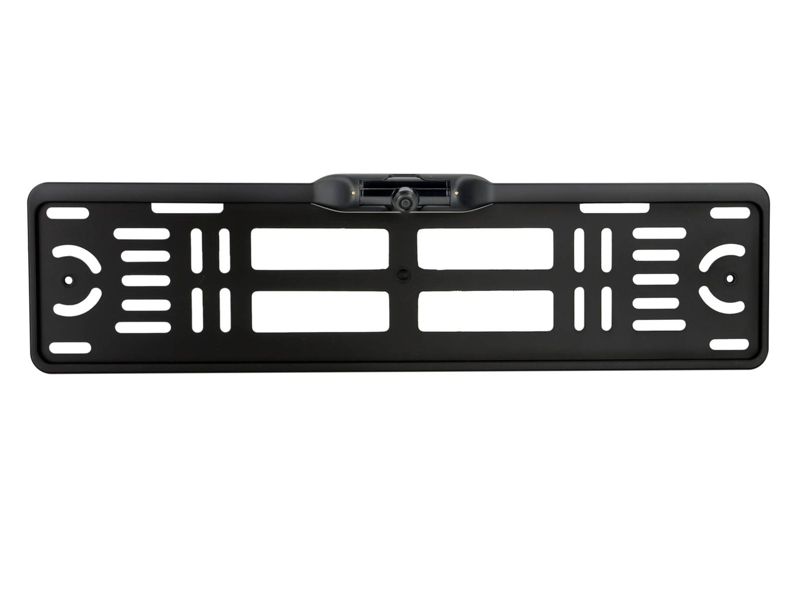 Black rectangular license plate frame with a built-in rear camera at the top center and multiple mounting slots and cutouts.