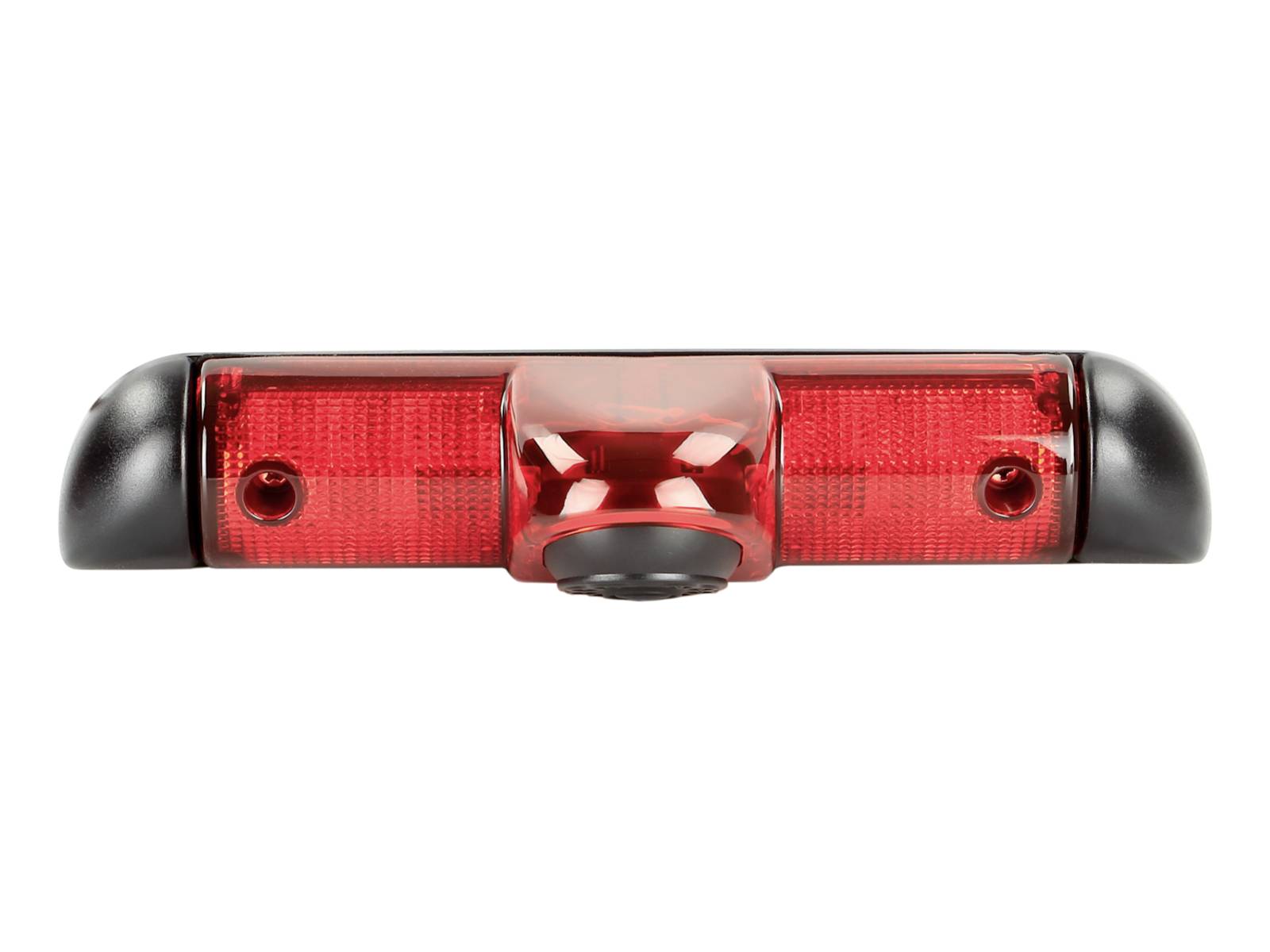 Feu arrière de vélo rouge avec deux LED latérales et une lentille centrale sur fond blanc.