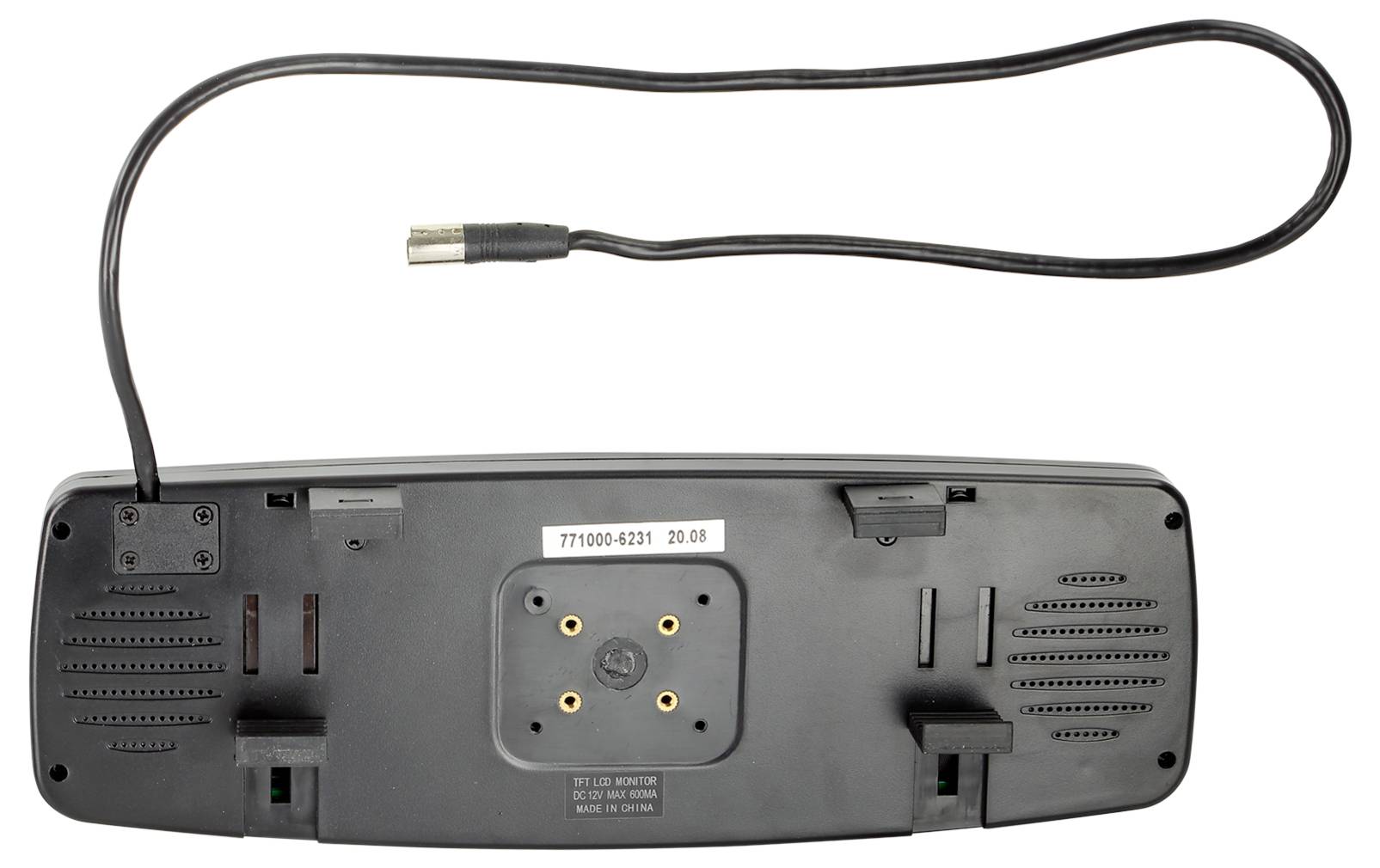 Rear view of a black electronic device with a wired connector, showing mounting holes, vents, and recessed ports on the back panel.