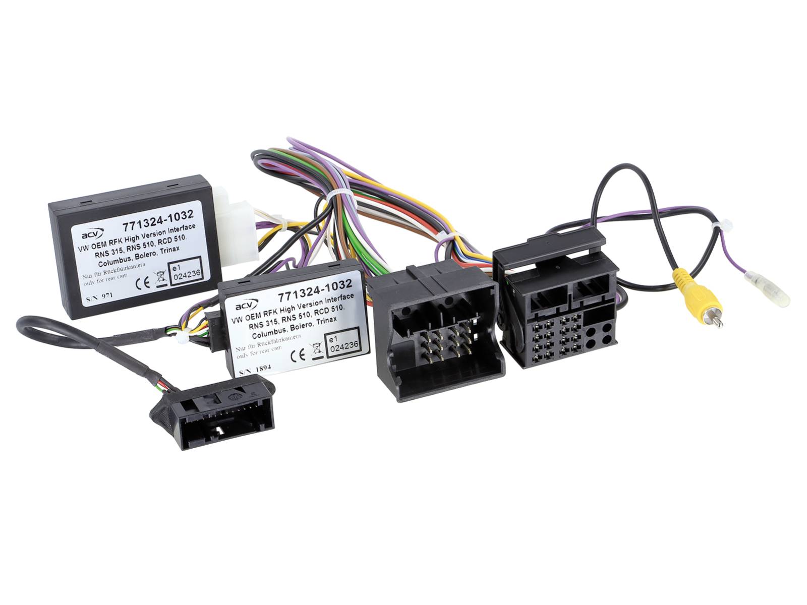 Automotive wiring harness with two black control modules, multicolored connector cables, and RCA-style plugs on a white background.