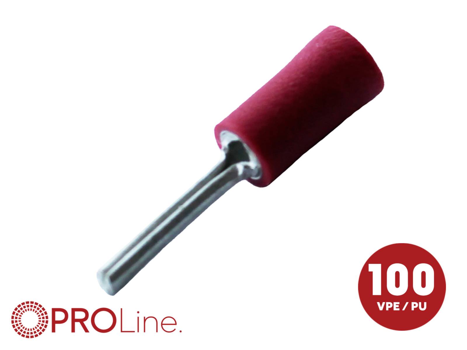 Cosses de câble isolées rouges avec tube métallique, étiquetées « PROLine » et « 100 VPE / PU » sur fond blanc.