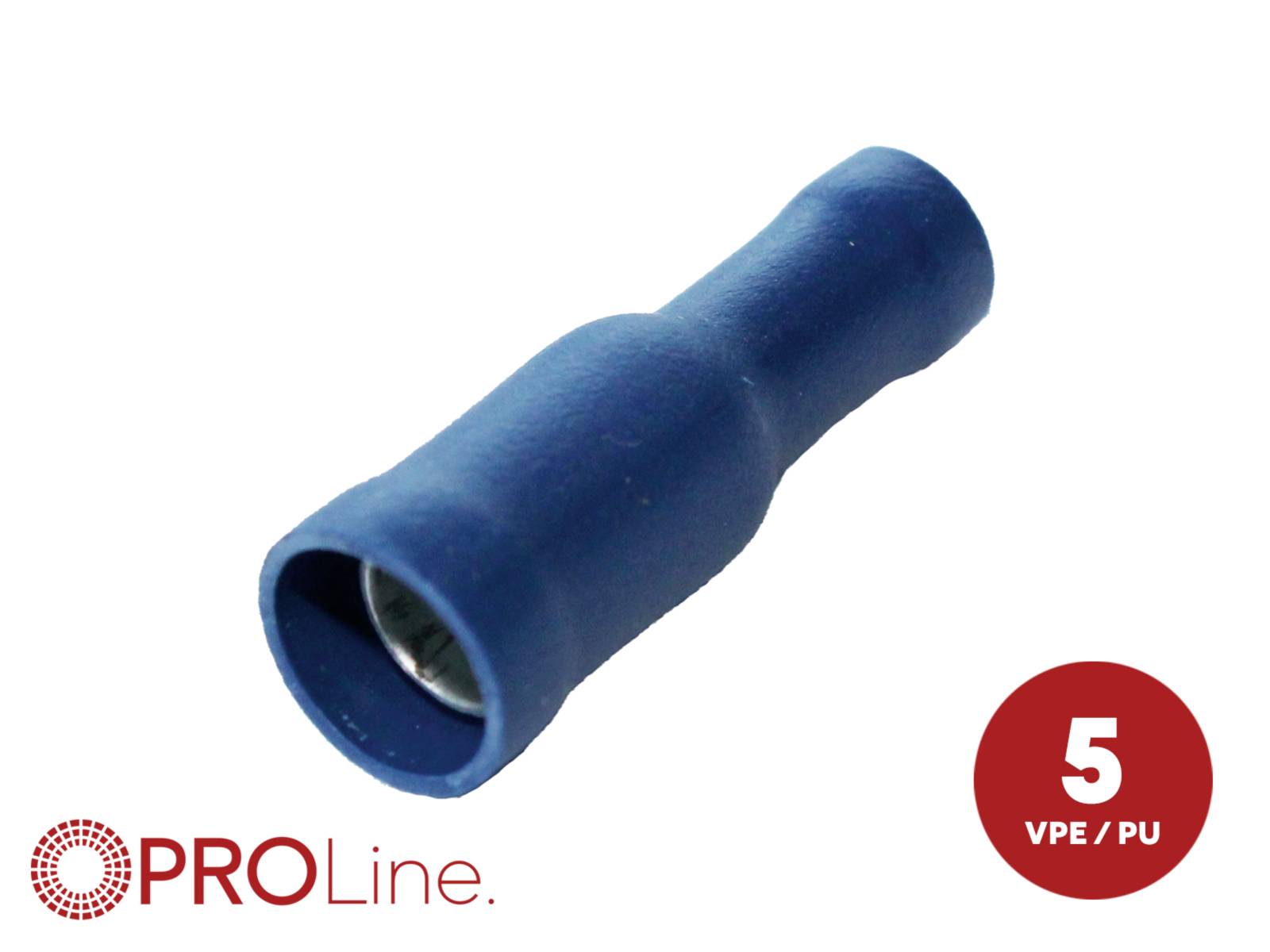 Blue insulated female crimp connector labeled 'PROLine' and '5 VPE/PU' on a white background.
