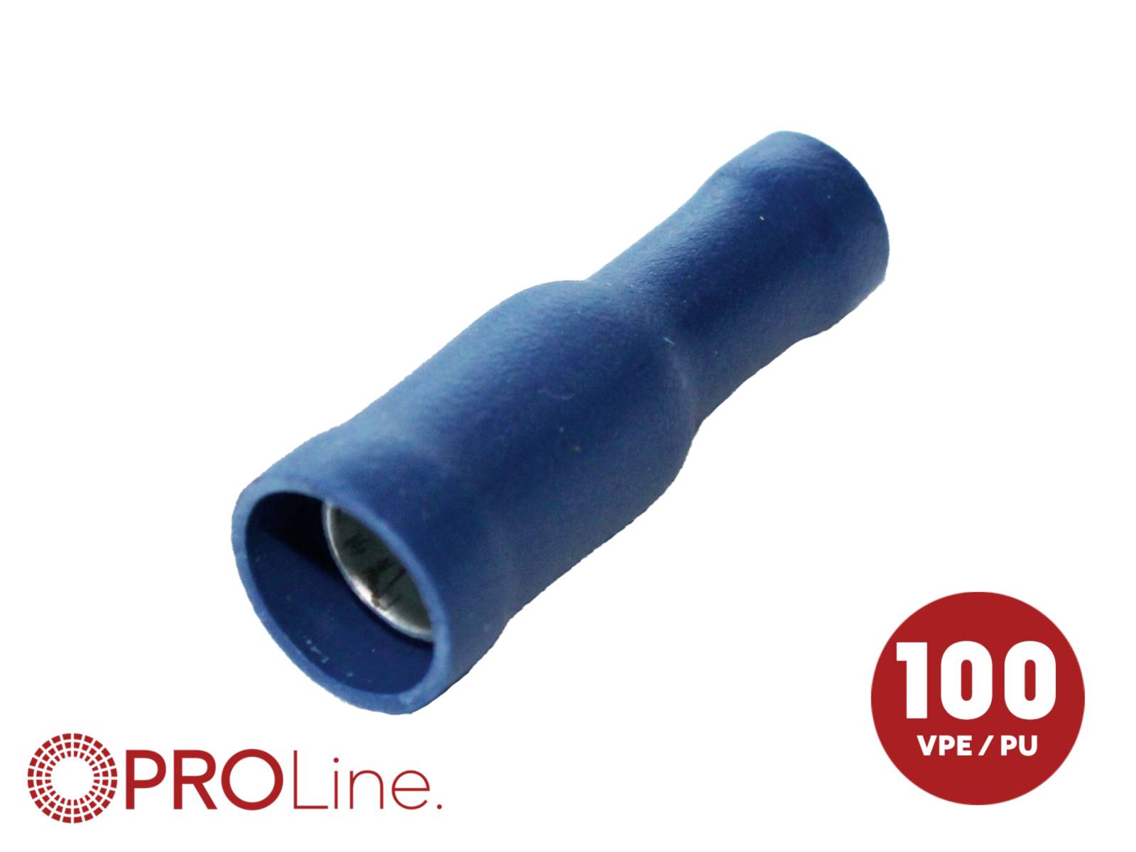 Connecteur sertissable isolé bleu avec embouts femelles, étiqueté PROLine et « 100 VPE/PU ».