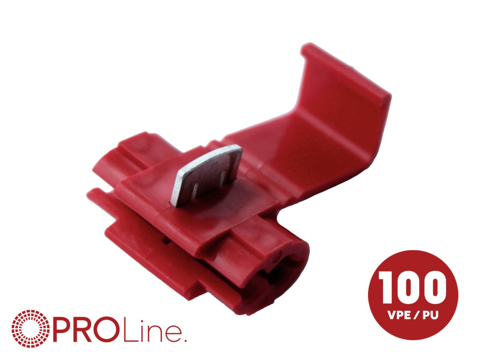 Red insulated electrical connector clip labeled 'PRO Line' and '100 VPE/PU' on a white background.