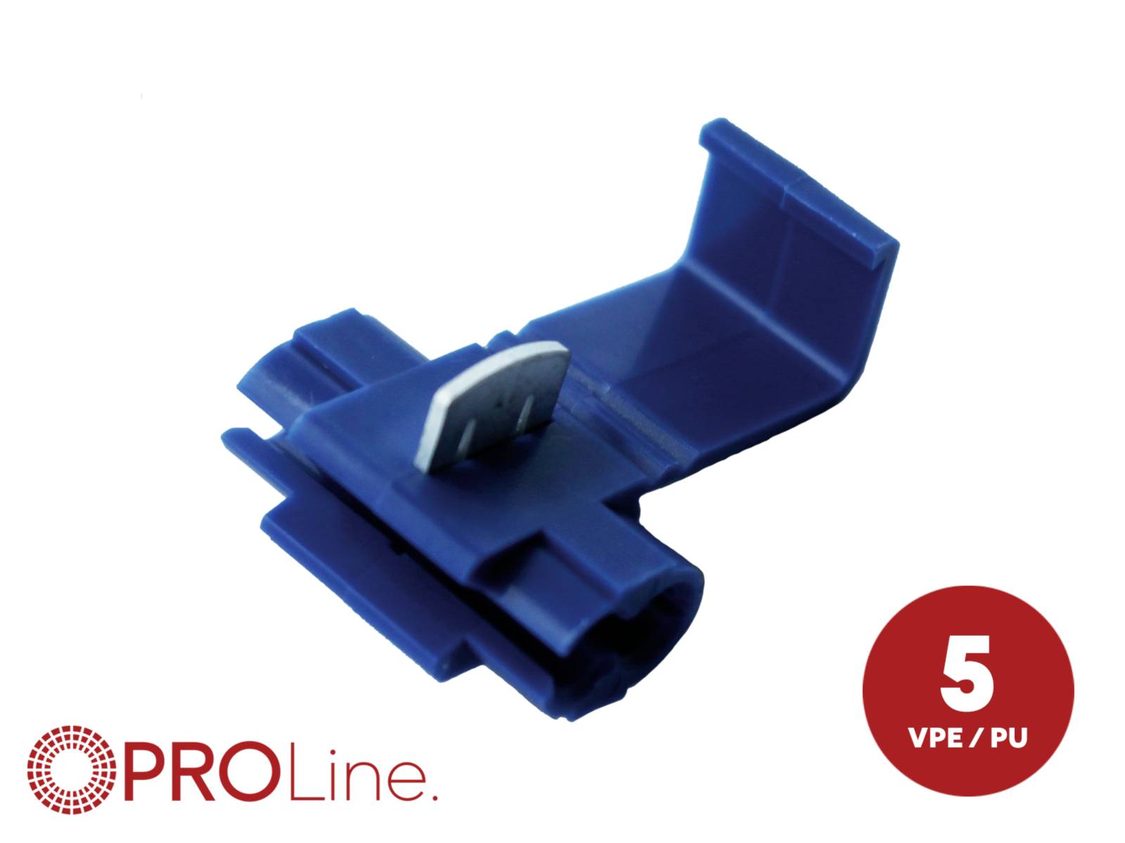 Blue plastic cable clip with metal insert, shown with PROLine logo and a red '5 VPE/PU' quantity badge.