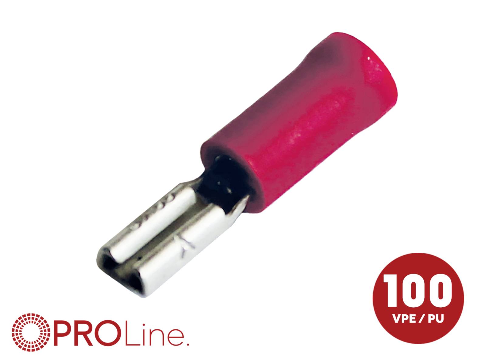Red insulated female wire connector terminal with 'PROLine' logo and '100 VPE/PU' badge.