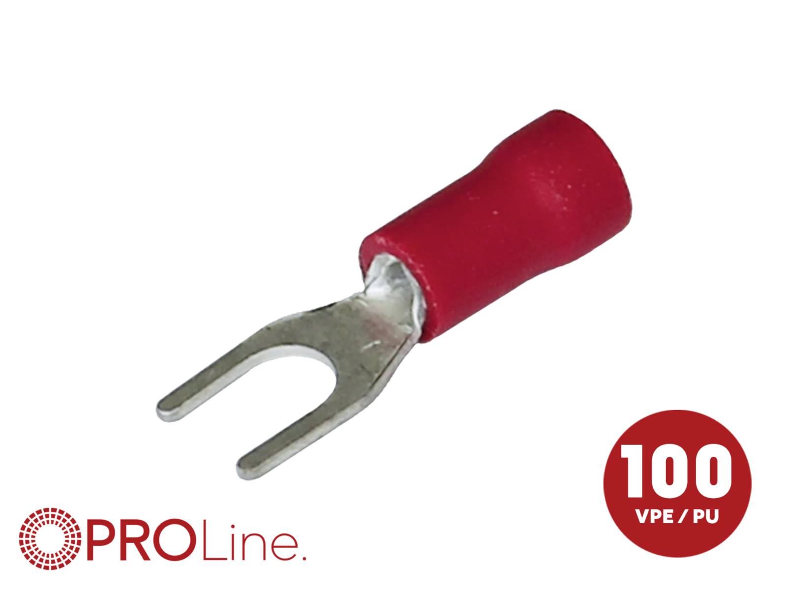 Red insulated fork terminal connector with red PROLine logo and '100 VPE / PU' badge on white background.