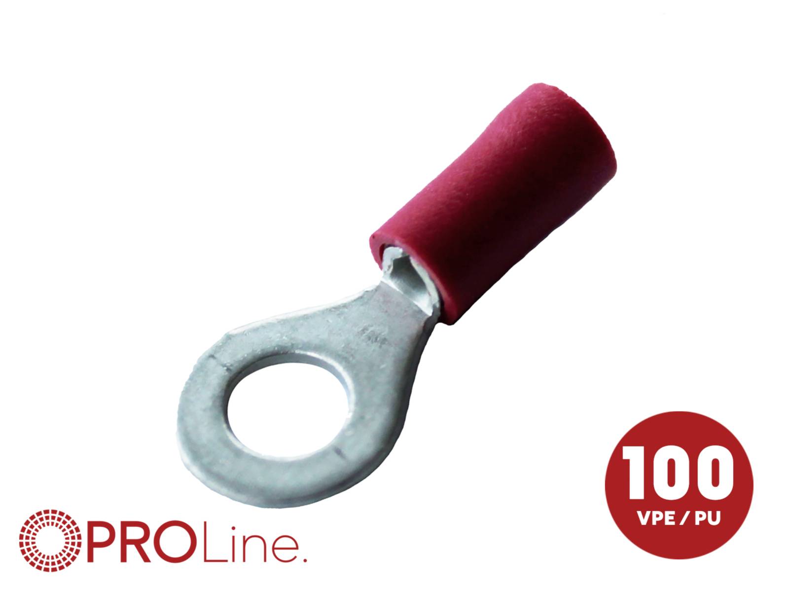 Connecteur à anneau isolé rouge avec logo PROLine et icône de quantité de paquet « 100 VPE/PU » sur fond blanc.