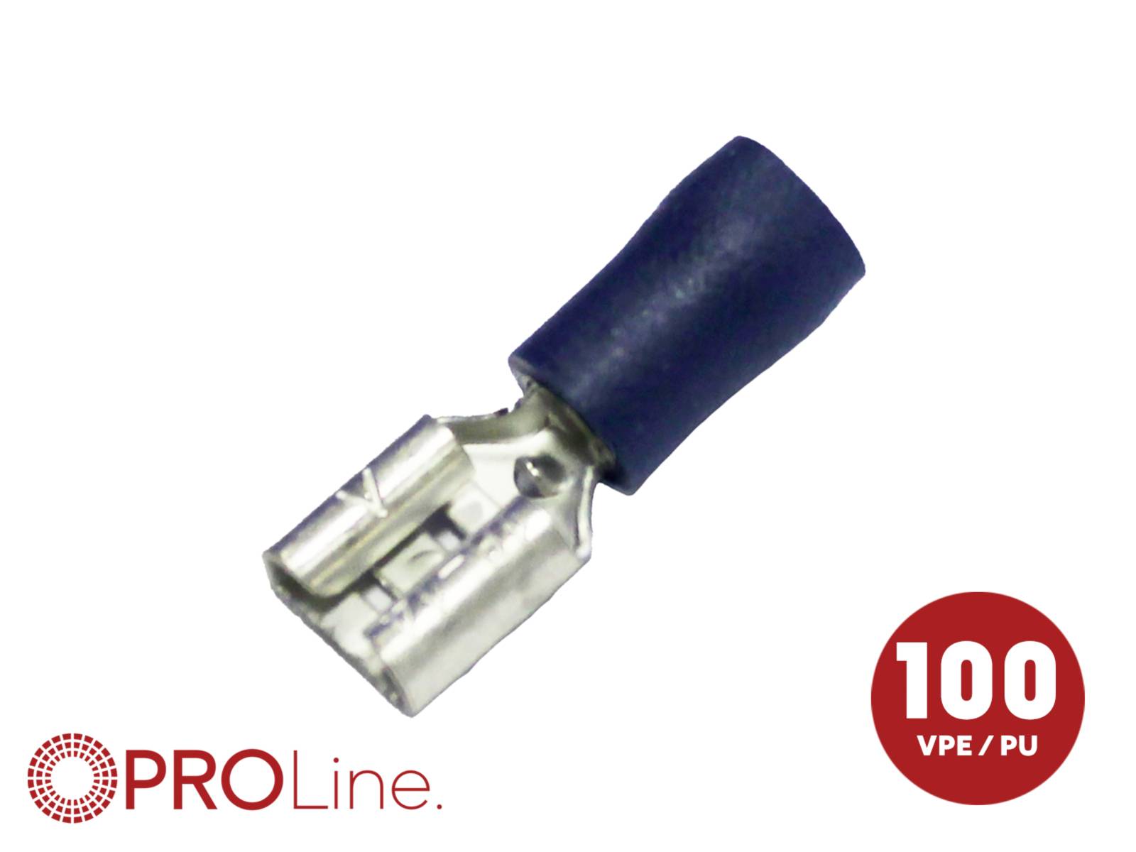 A blue insulated female spade connector on a white background, with PROLine branding and a '100 VPE / PU' label.