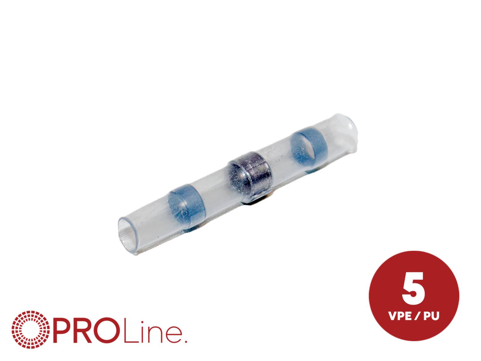 Transparent cylindrical 5 VPE/PU connector sleeve with blue and metal bands, labeled PROLine.