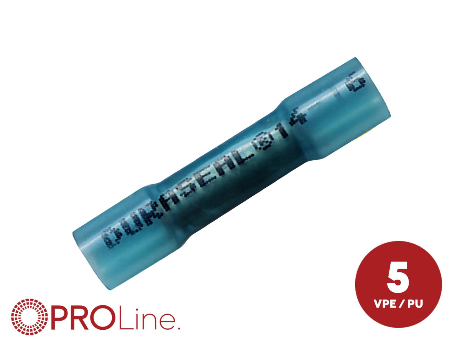Connecteur d'épissure électrique thermorétractable bleu étiqueté « PROLine » avec insigne de quantité « 5 VPE/PU ».