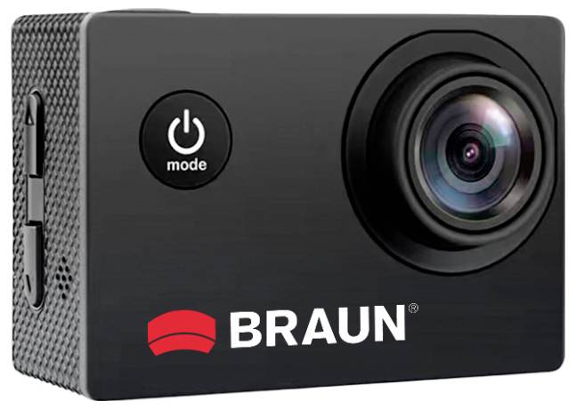 Caméra d'action « Braun » dotée d'un objectif grand angle, d'un bouton mode puissance et de côtés texturés, conçue pour capturer des photos et vidéos dynamiques.