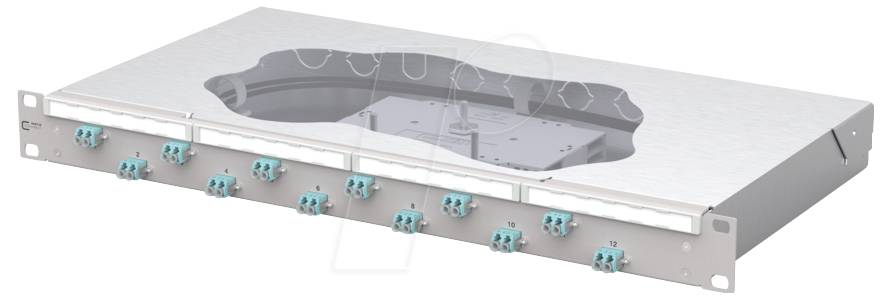 Panneau de brassage à fibre optique avec plusieurs ports pour la gestion des câbles, conçu pour la connectivité réseau dans les centres de données ou les salles de télécommunications.