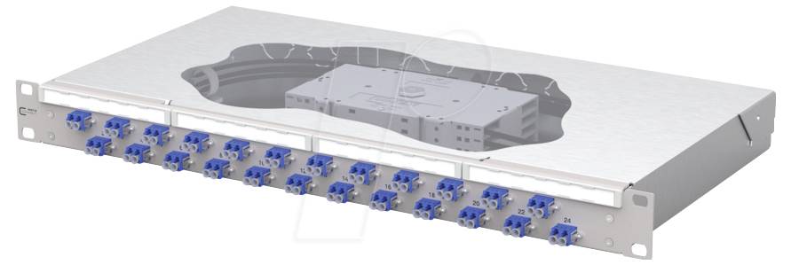 Ein metallisches Rack-Montagefaserpatch-Panel mit mehreren blauen Anschlüssen für die Konnektivität, ausgestattet mit einer transparenten Oberseite für interne Sichtbarkeit.