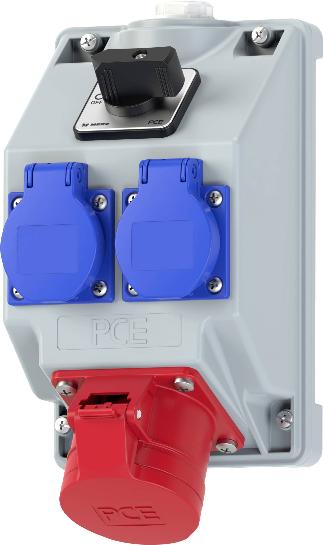 Une boîte de prise de courant industrielle avec deux prises bleues et une prise rouge, étiquetée « PCE », conçue pour les connexions électriques.