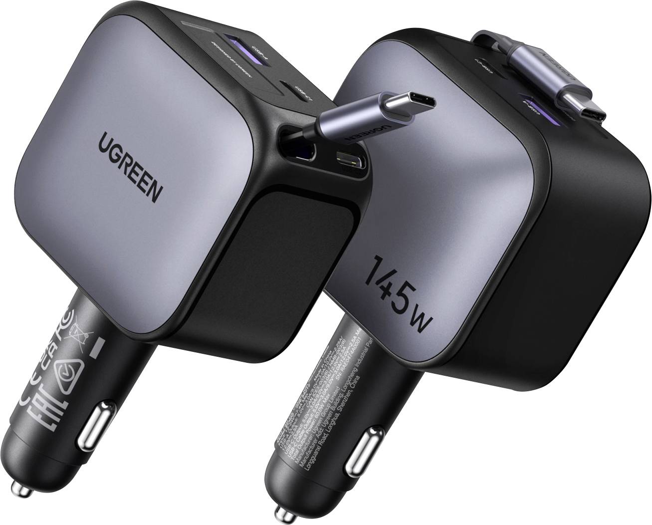 Deux chargeurs de voiture UGREEN noirs avec ports USB doubles, étiquetés « 145W », présentés sous un angle de côté.