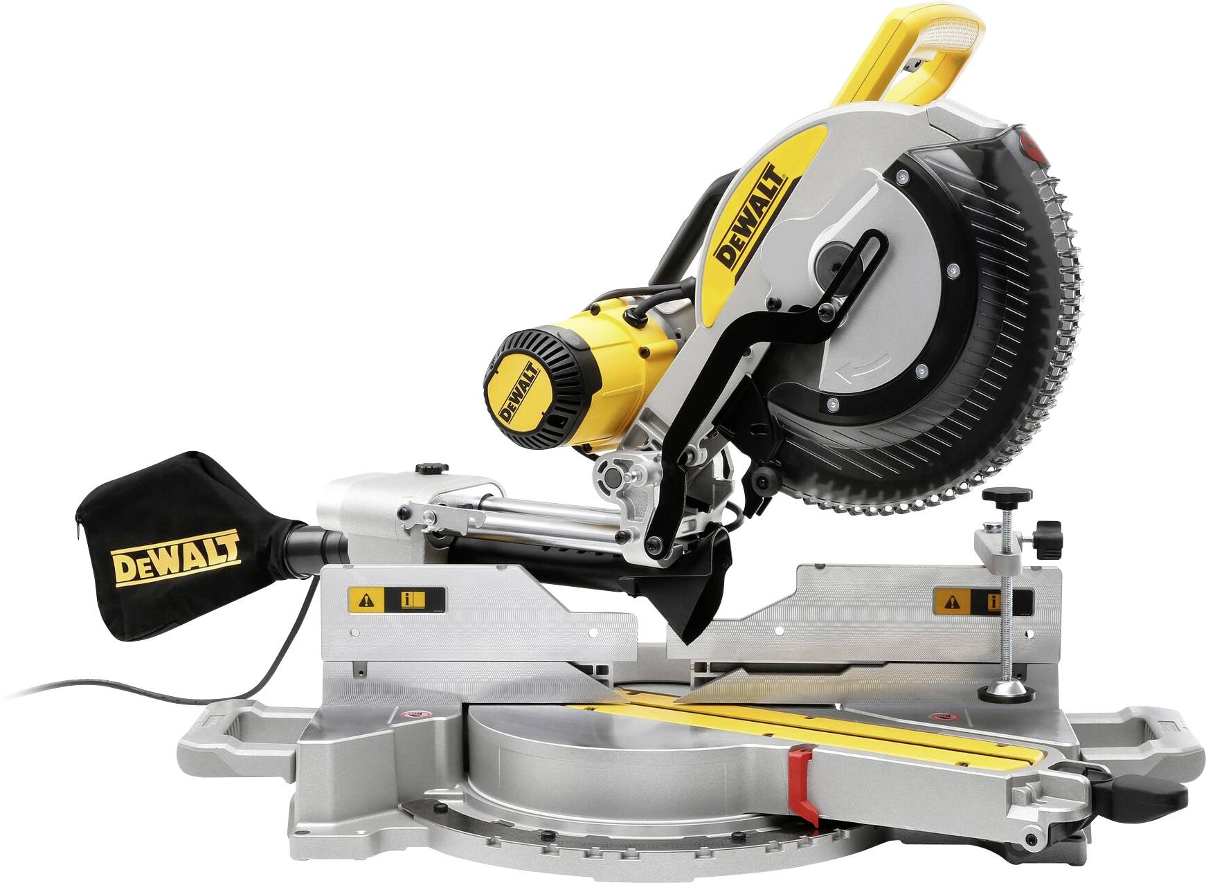 Une scie à onglets motorisée au design jaune et noir, portant l'étiquette « DEWALT », est placée sur une base métallique, convenant à la coupe du bois.