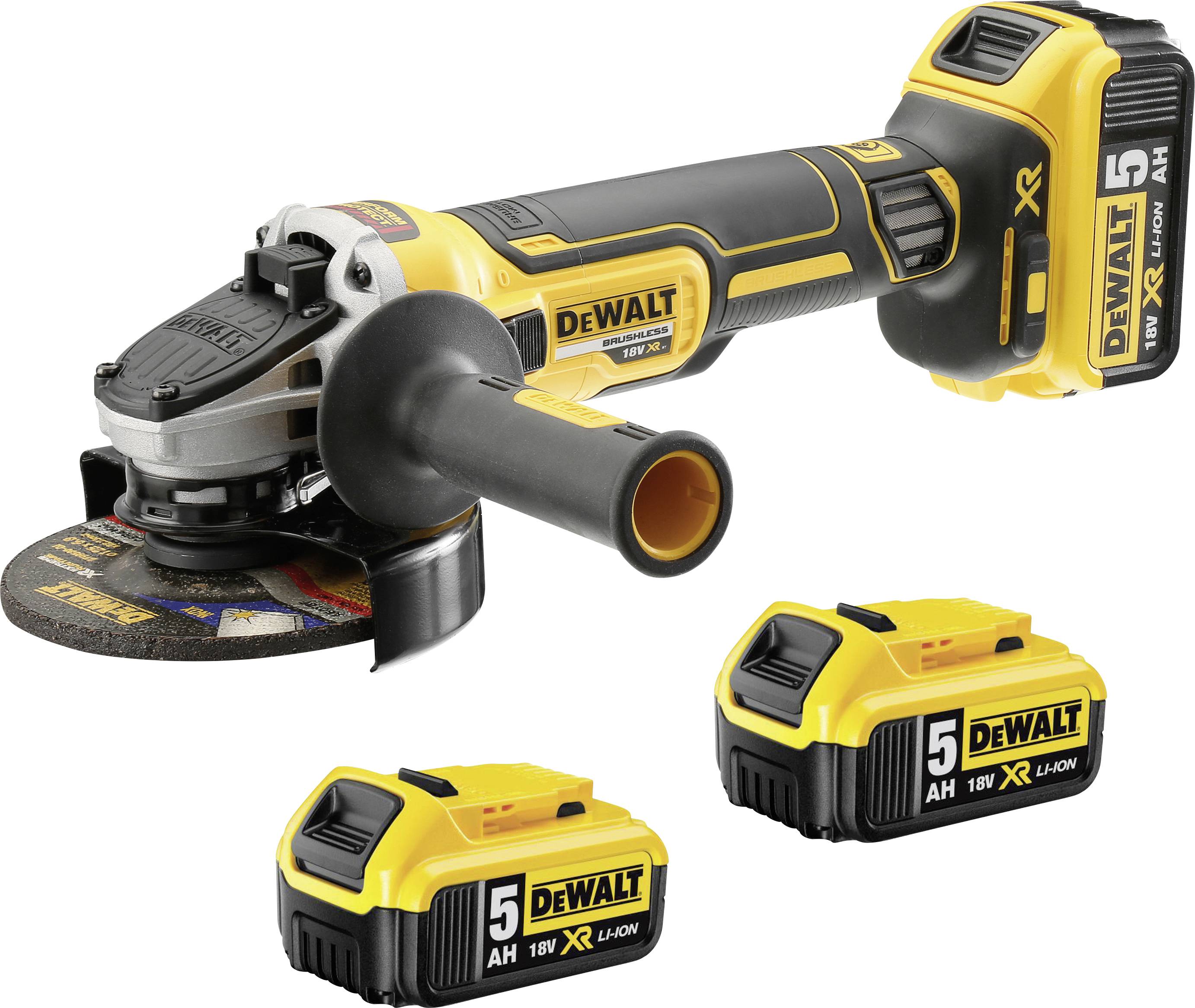 Un meuleuse d'angle sans fil DeWalt est présentée avec deux batteries Li-Ion XR 18V 5,0Ah. L'outil arbore un design jaune et noir.