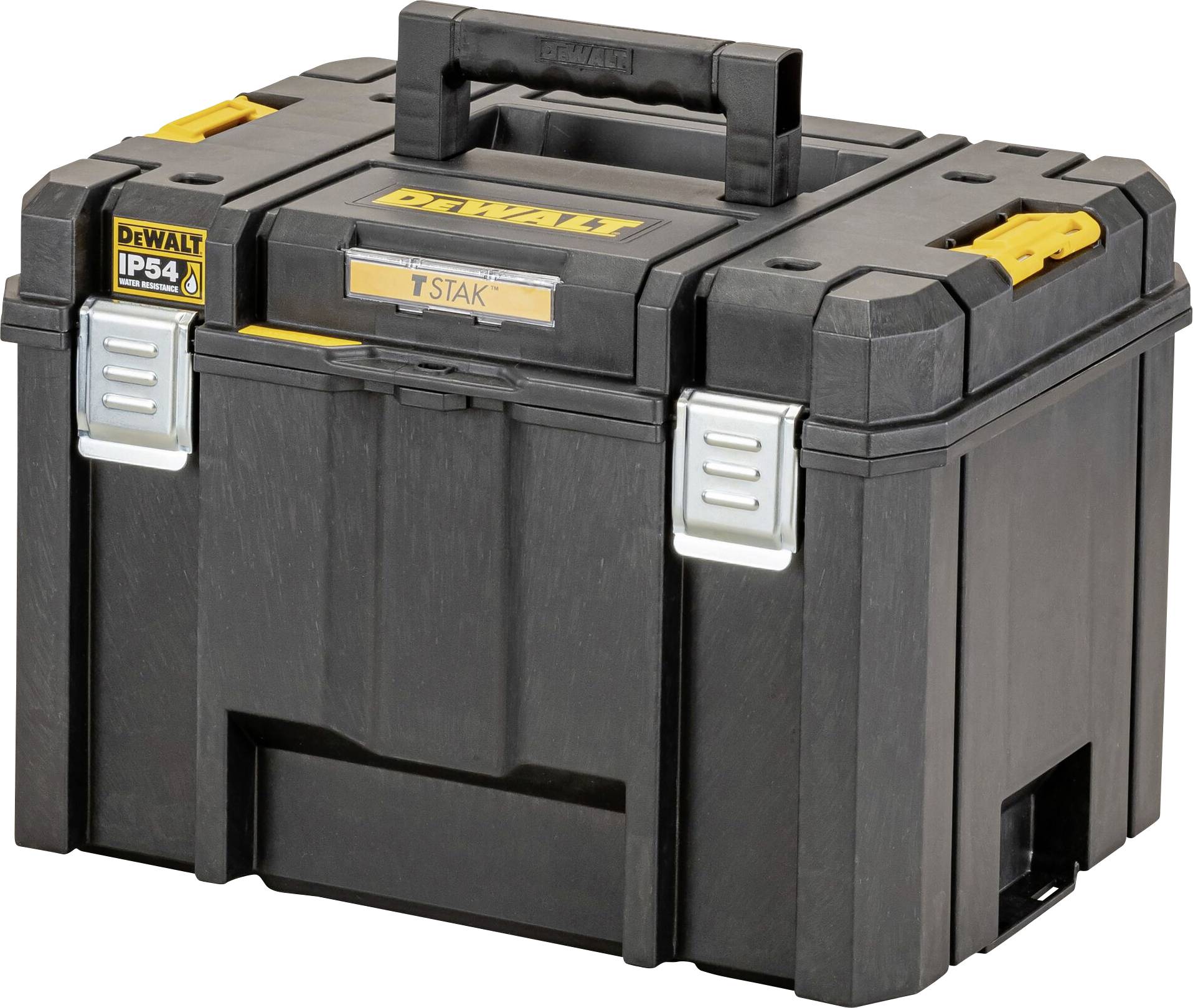 Boîte à outils TSTAK DeWalt noire avec une poignée, des loquets en métal et des marquages de marque jaunes, conçue pour transporter et organiser les outils.