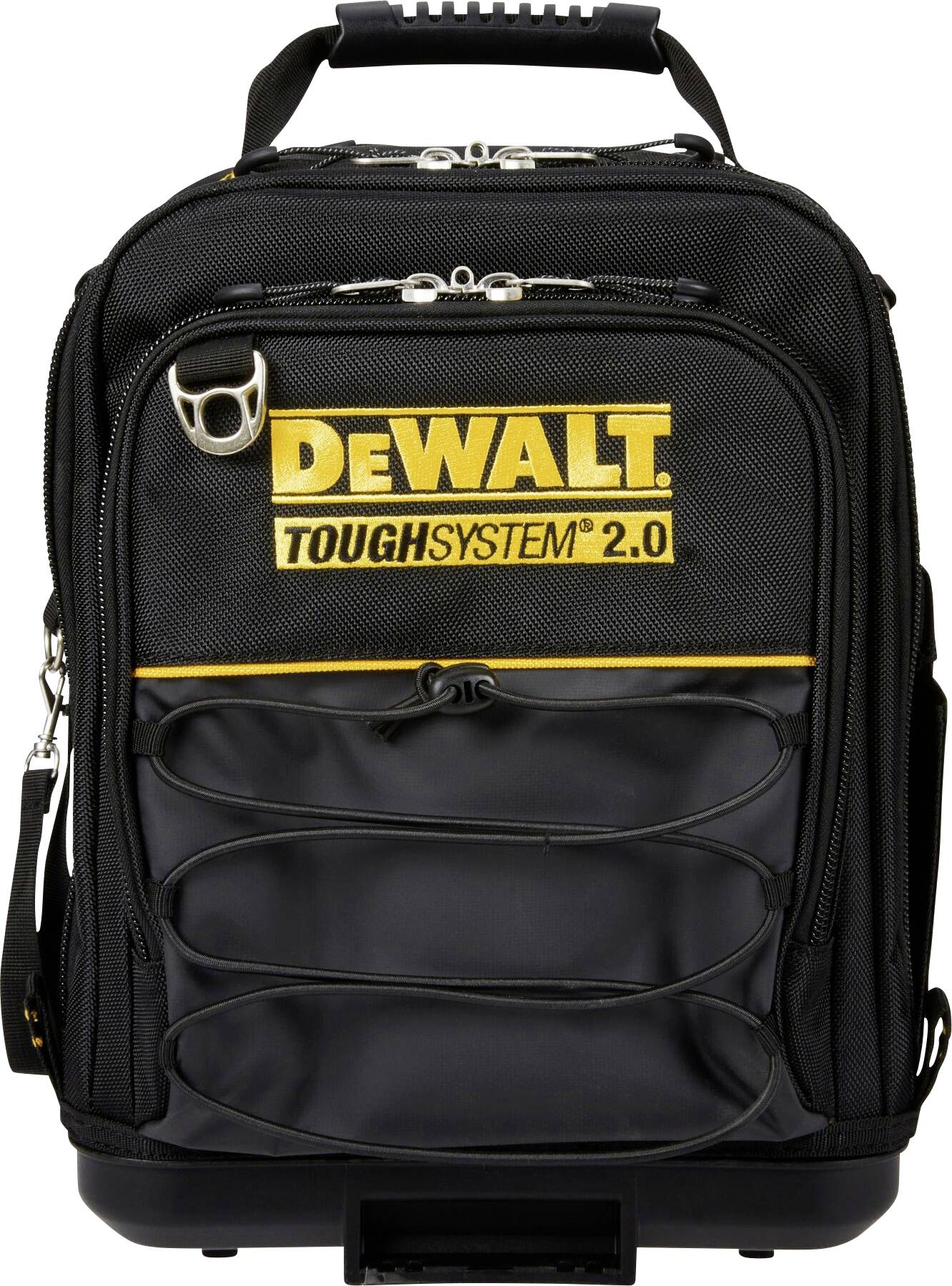 Sac à dos 'DEWALT ToughSystem 2.0' en tissu noir résistant, logo jaune, plusieurs compartiments, poignées renforcées et fermetures éclair robustes.