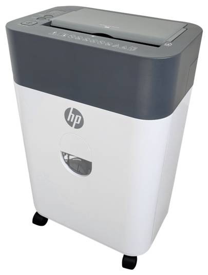 L'image montre un destructeur de papier blanc et gris doté de roues, présentant une fenêtre transparente pour voir le contenu déchiqueté, et arborant le logo HP.