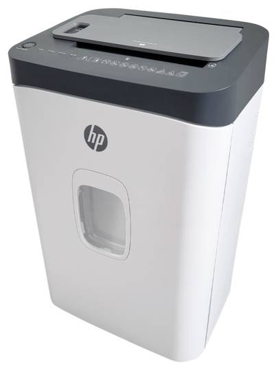 Déchiqueteur de papier HP avec un design épuré et compact et une grande fenêtre de visualisation, adapté à un usage domestique ou professionnel.