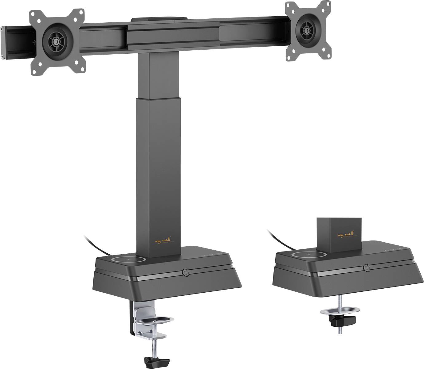 Support de bureau pour deux moniteurs avec bras réglables pour deux écrans, équipé de pinces robustes pour la fixation au bureau.