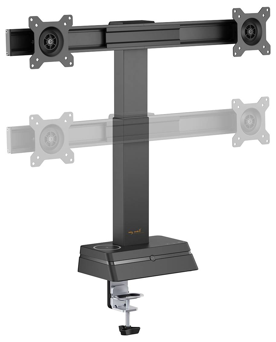 Un support de moniteur noir à double écran avec bras ajustables, conçu pour la fixation au bureau, montrant la capacité de positionnement vertical et une pince pour la stabilité.