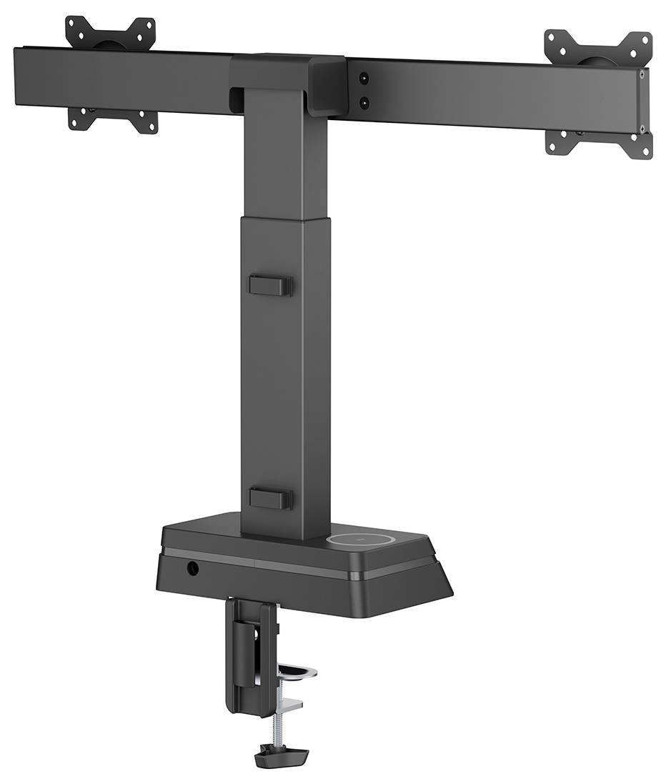 Support de montage pour double écran de bureau avec bras ajustables et base à serre-joint C pour un positionnement d'écran ergonomique et économe en espace.