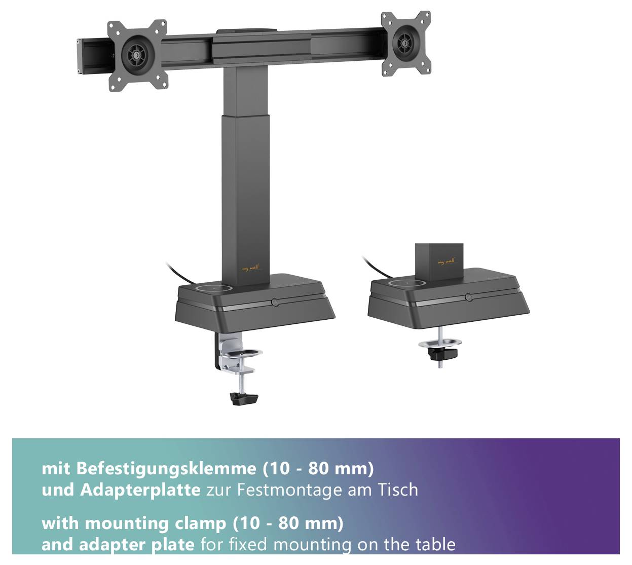 Bras de support pour moniteurs, avec pince de fixation (10 - 80 mm) et plaque adaptateur pour un montage sécurisé sur table. Comprend des fonctionnalités de montage.
