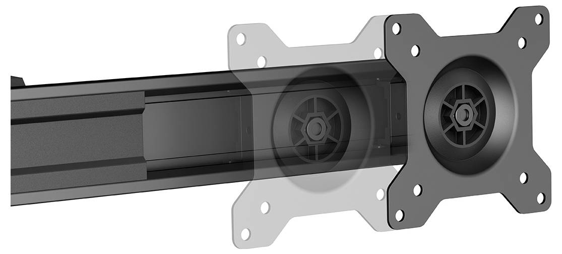 Un support de montage noir avec des bras d'extension réglables, montrant deux positions de plaque pour fixer un moniteur plat ou un téléviseur.