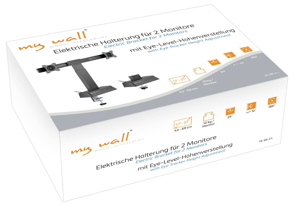 Équerre électrique « My Wall » pour deux moniteurs affichée sur l'emballage, avec des fonctionnalités comme l'ajustement de la hauteur au niveau des yeux, support pour moniteurs de 17 à 32 pouces.