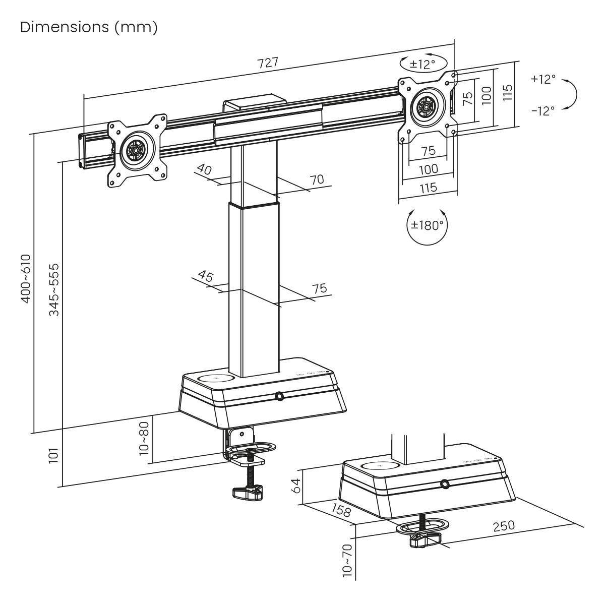 Diagramme d'un support de double moniteur avec dimensions détaillées en millimètres, montrant la hauteur réglable, les positions des bras et les angles de rotation.