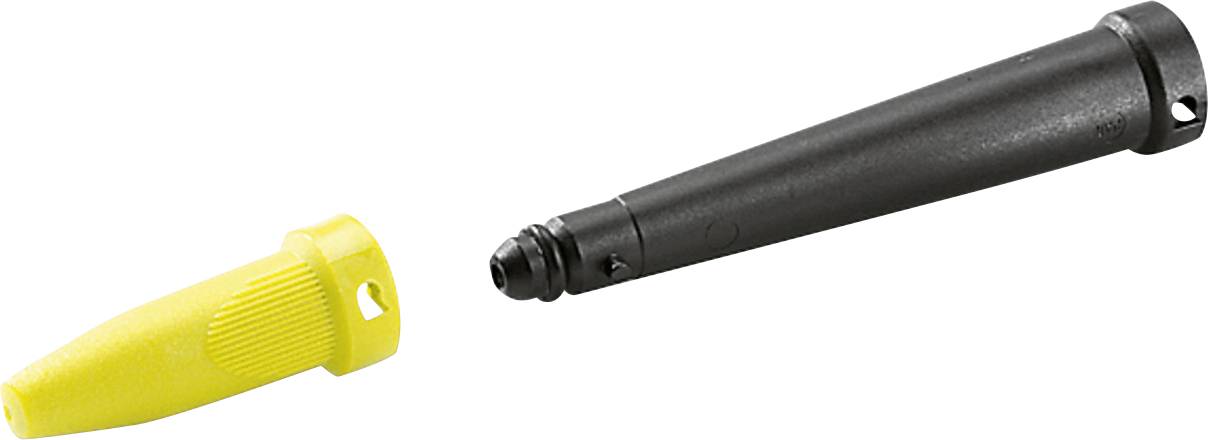 Un embout de souffleur d'air noir de forme cylindrique allongée est présenté à côté d'un accessoire d'embout jaune séparé.