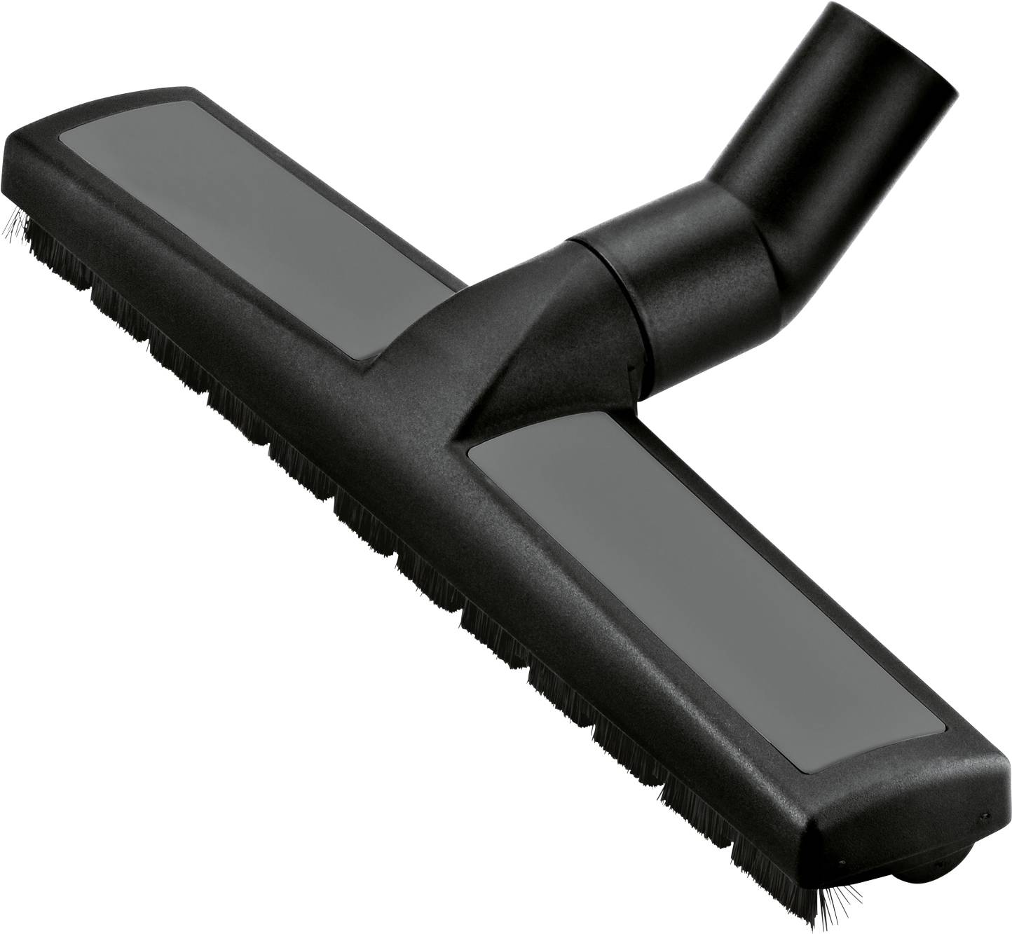 Un accessoire de sol pour aspirateur noir avec des poils souples, conçu pour les surfaces en bois dur et en carrelage.