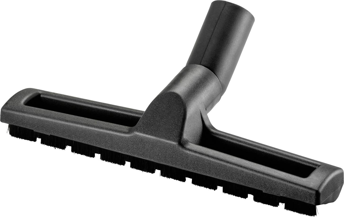 Un accessoire de brosse de sol noir pour aspirateur avec des poils à la base, conçu pour nettoyer les surfaces dures.